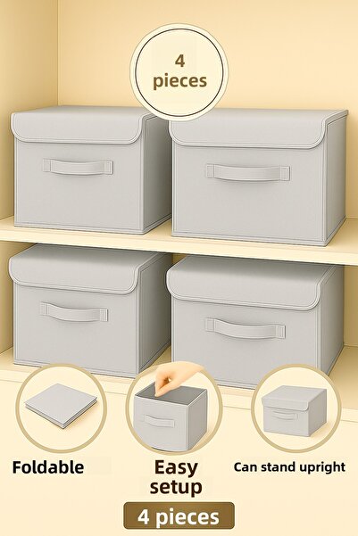 Spartek home textile 4 Pcs-With Lid Grey Closet Inside Laundry Toy Organizer Folding Storage Box with Lid 30X30X30Cm