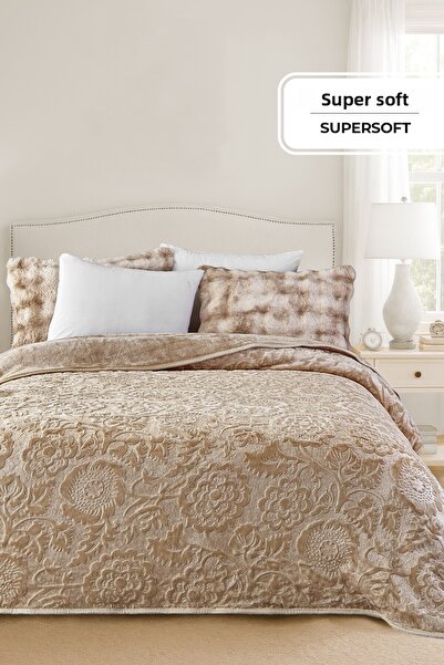 Evlen Home Collection Maya 3 kg Embos Printed Blanket Double Size Thick Soft 220X240 cm Beige