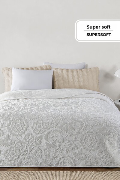 Evlen Home Collection Maya 3 kg Embos Printed Blanket Double Size Thick Soft 220X240 cm Cream Off-White