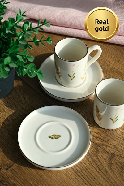 tabakevi Tabak Evi Porcelain Natura Mixed Gold Gilded Coffee Cup Set 90Cc 2 Person 4 Pieces
