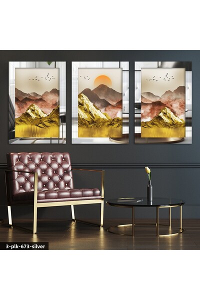 Evinemoda Muntele de Aur și Păsări, Tablou din Plexiglas Argintiu cu Oglindă,...