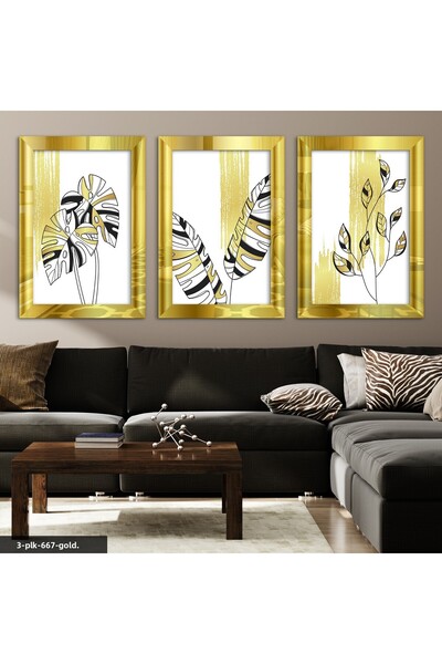 Evinemoda Tablou minimalist cu frunze aurii, cu oglindă din plexiglas auriu, ...