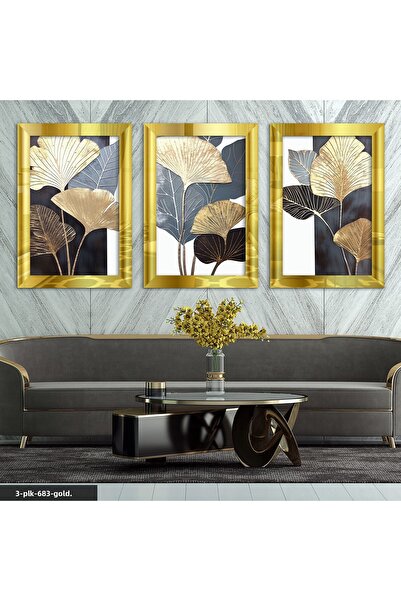 Evinemoda Masa cu oglindă din plexiglas auriu, cu frunze gri și aurii, 3 piese