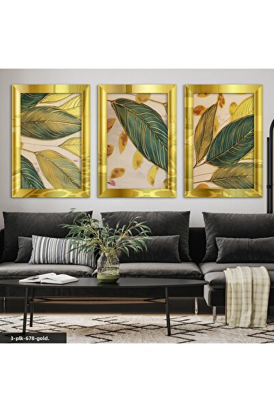 Evinemoda Tablou cu oglindă din plexiglas auriu, cu frunze verzi și dungi aur...