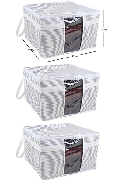 ALAS 3-Piece Multi-Purpose Window Sweater Hurcu Organizer Gray Striped 45x40x30 Cm