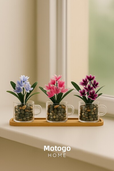 Mottogo Set de albastru cobalt flori decorative într-o cană de sticlă – Mini S 3 flori – cu suport din bambus