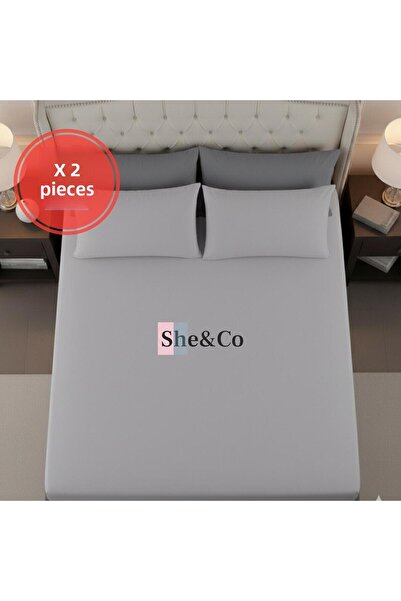 She&Co 2 Pieces Gray Cotton Double Size 180 X 200 X 30 cm Fitted Sheet Set