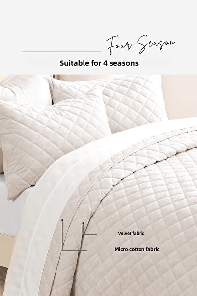 Evlen Home Collection Velvet Bedspread Set - Double, Supersoft Quilted, 3 Pieces, Soft Fiber Filled, Off White