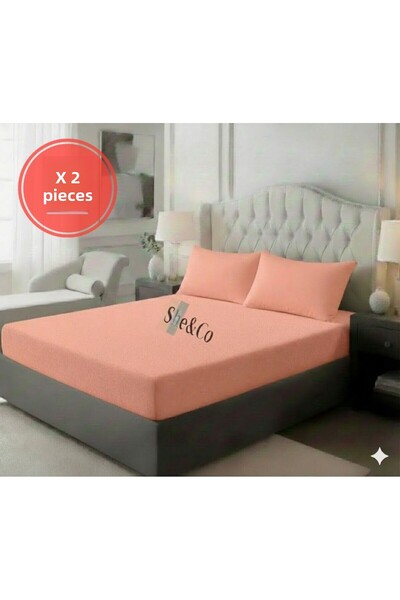 She&Co 2 Pieces Salmon Plain Cotton Double Size 180 X 200 X 30 cm Fitted Sheet Set