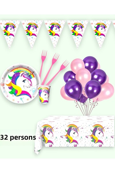 Evabrite Unicorn Themed Party Set for 32 People - Unicorn Birthday Celebration Supplies