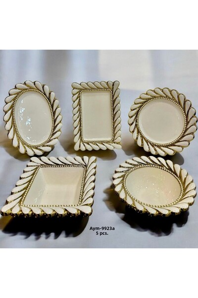 Hinora Gold Rotating Line Detail White Ceramic Serving Plate Set 5 Pieces