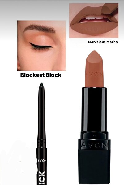 AVON مجموعة مكونة من قلم تحديد العيون الأسود اللامع وملمع شفاه ماتي بلون المو...