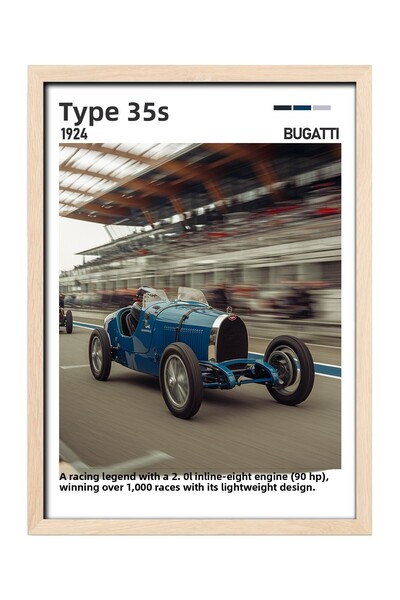 gxe.art Pictură cu cadru din lemn Bugatti Type 35 – Vehicul de curse de istorie