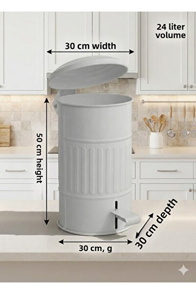 RİVO HOME DECOR The Mia White Galvanized Metal 24 Liter Medium Size Trash Can 50X30Cm