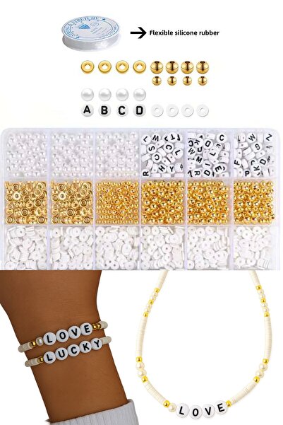 By MO Accessories مجموعة صنع المجوهرات مع خرز فيمو الأبيض وحروف ذهبية اللون و...