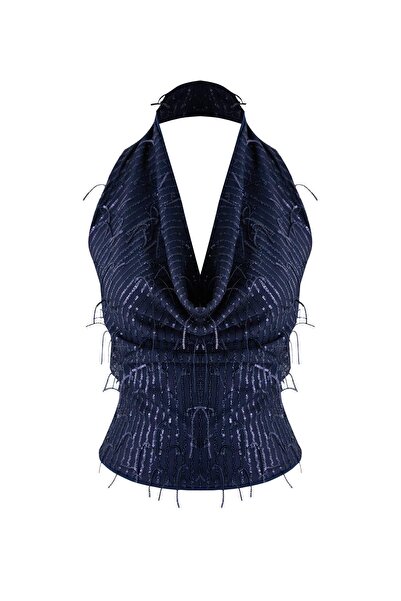 Trendyol Collection Navy Blue Solid Square Neck Long Knitted Sandy Party Blouse Tpraw26Bz00064