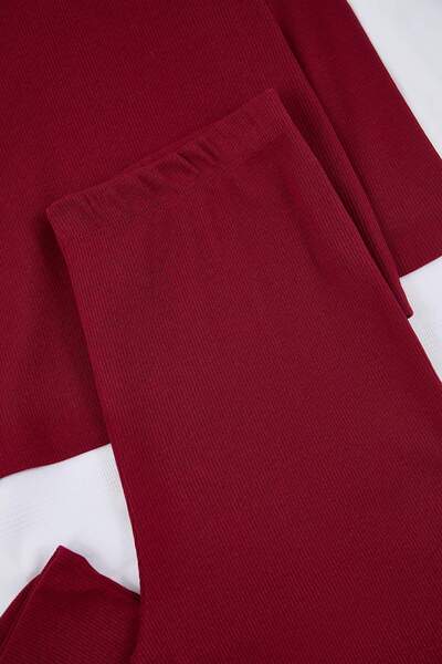 Trendyol Curve Burgundy V-Neck Ribbed Knit Pajama Set TBBAW25AI00046