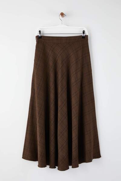 Trendyol Collection Brown Plaid Bell/A-Line Flounces Woven Long Maxi Skirt Twoaw26Et00165