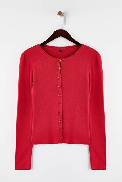 Trendyol Collection Rote, weiche, strukturierte Strickjacke TWOAW26HI00264