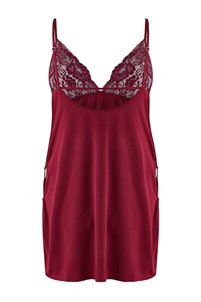 Trendyol Curve Dark Cherry Window/Cut Out Detailed Rope Strap Knitted Plus Size Babydoll Tbbaw25Dh00000