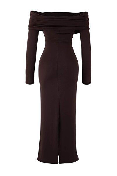 Trendyol Collection Dark Brown Collar Detail Knitted Midi Unlined Stylish/Evening Dress Tpraw26El00038