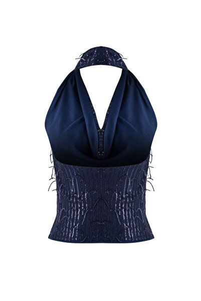 Trendyol Collection Navy Blue Solid Square Neck Long Knitted Sandy Party Blouse Tpraw26Bz00064