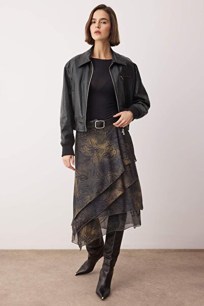 Trendyol Collection Khaki Ruffled Abstract Pattern Knitted Skirt Twoaw26Et00084