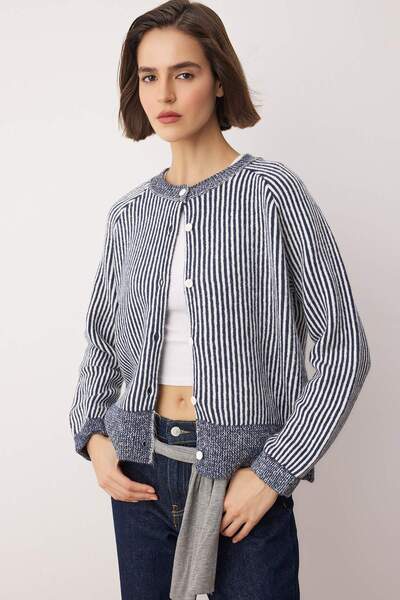 Trendyol Collection Navy Blue Crew Neck Striped Knitwear Cardigan Twoaw26Hi00304