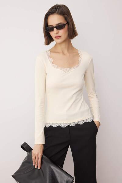 Trendyol Collection Ecru Ribbed Lace Detailed Fitted/Bodycon Knitted Blouse Twoaw26Bz00302