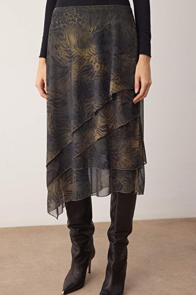 Trendyol Collection Khaki Ruffled Abstract Pattern Knitted Skirt Twoaw26Et00084