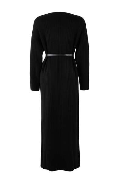 Trendyol Modest Black Belted Unlined Plain Knitwear Ribana/ Ribbed Knit Hijab Dress Tctaw26Eb00056