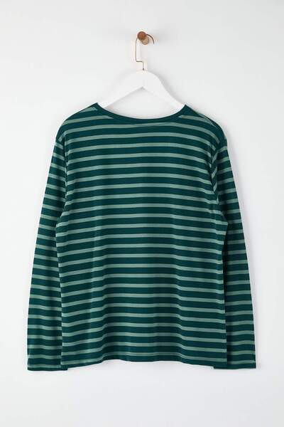 Trendyol Curve Πράσινο ριγέ κανονικό/κανονική εφαρμογή Πλεκτό μπλουζάκι με λαιμόκοψη TBBAW26BF00003