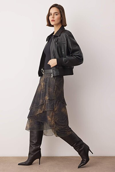 Trendyol Collection Khaki Ruffled Abstract Pattern Knitted Skirt Twoaw26Et00084