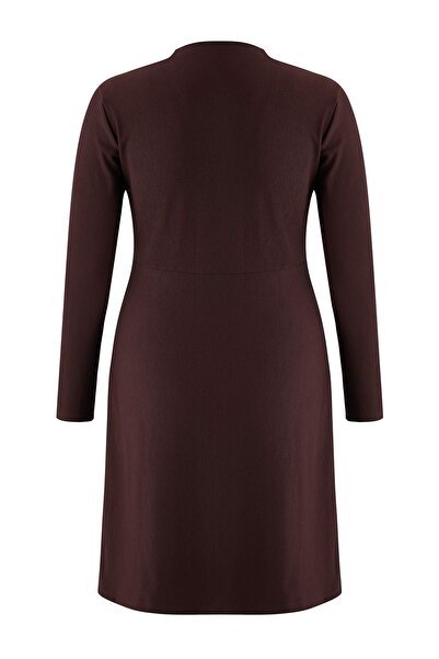 Trendyol Curve Brown Accessory Buttoned A-Line Ribbed Knit Knitted Plus Size Dress Tbbaw26Ah00088