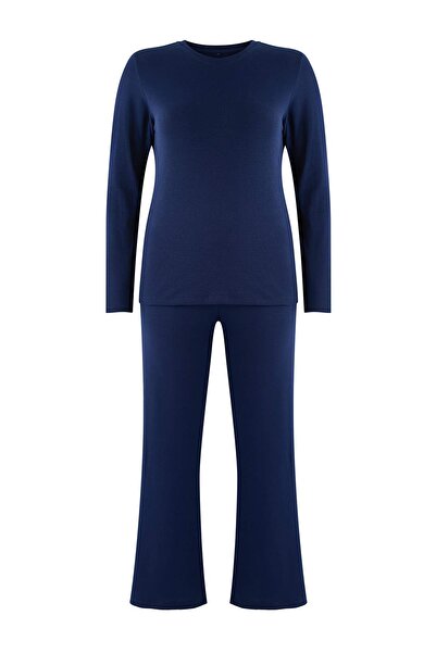 Trendyol Curve Wardrobe Essentials Navy Blue Fitted/Fitted to the Body Corded Fabric Flexible Knitted Bottom-Top Set Tbbaw26Cp00010