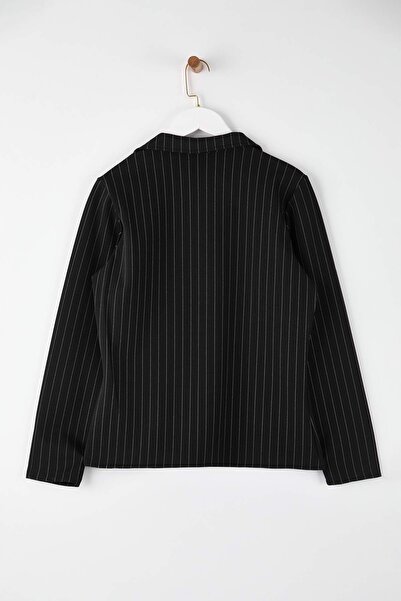 Trendyol Curve Black Polo Neck Button Detail Waist Fitted Striped Interlock Knitted Plus Size Blouse Tbbaw26Af00095