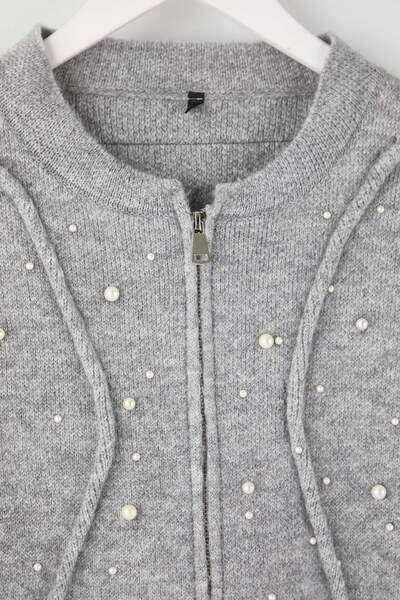 Trendyol Curve Gray Pearled Jacket Look Knitwear Cardigan Tbbaw26Av00026