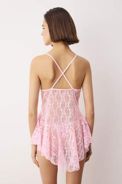 Trendyol Collection Ροζ καλσόν με λεπτομέρεια με παράθυρο/κομμένο σχέδιο, πλεκτό μπλουζάκι χωρίς καπάκι, πλεκτό μπλουζάκι Babydoll/Φανταστικό νυχτικό THMSS25CY00004