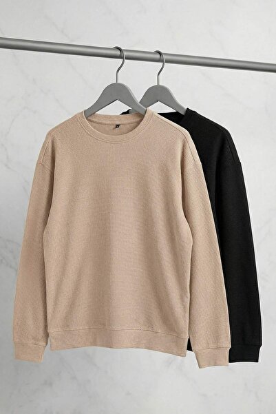 Trendyol Collection Black - Beige New Oversized /Wide Fit 2-Pack Textured Waffle Sweatshirt Tmnaw26Sw00028