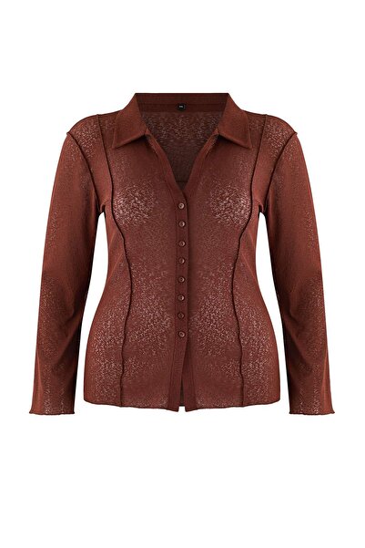 Trendyol Curve Brown Polo Neck Buttoned Foam Knitted Plus Size Blouse Tbbaw26Af00044