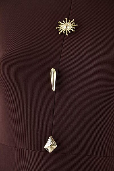 Trendyol Curve Brown Accessory Buttoned A-Line Ribbed Knit Knitted Plus Size Dress Tbbaw26Ah00088