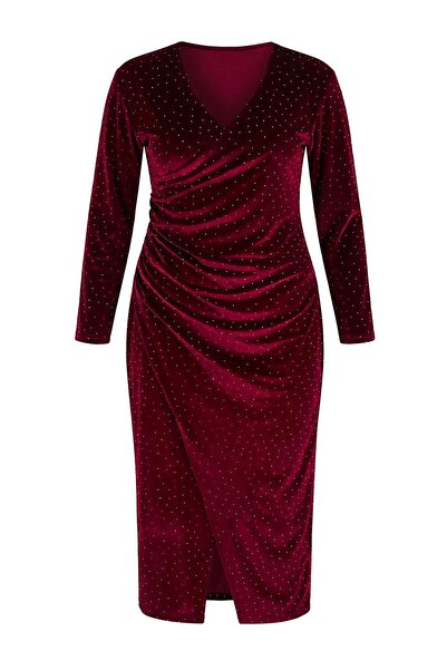 Trendyol Curve Burgundy V-Neck Midi Length Stone Velvet Knitted Plus Size Dress Tbbaw26Ah00044