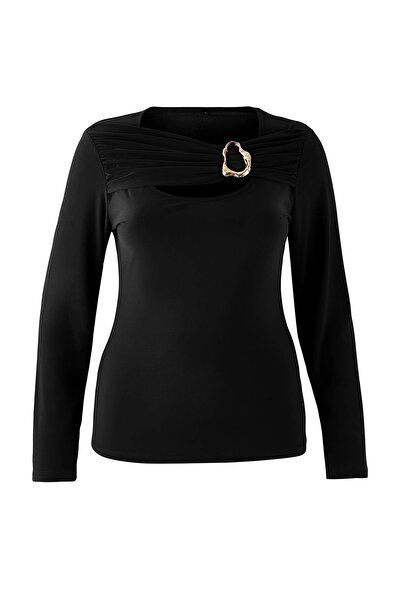 Trendyol Curve Schwarze, figurbetonte, dehnbare Strickbluse mit Accessoire und Cut-Out-Detail TBBAW26AF00083