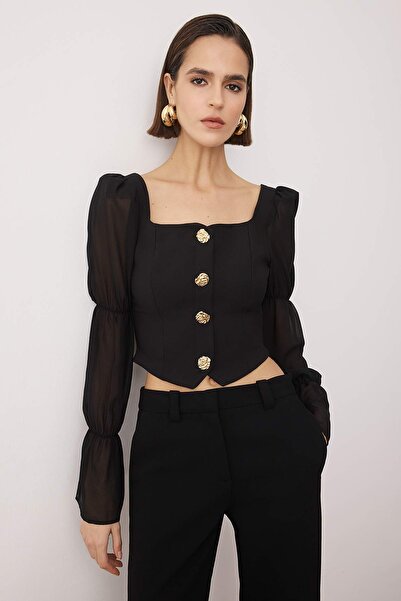 Trendyol Collection Black Square Neck Balloon Sleeve Button Detail Woven Blouse Tpraw26Bz00058