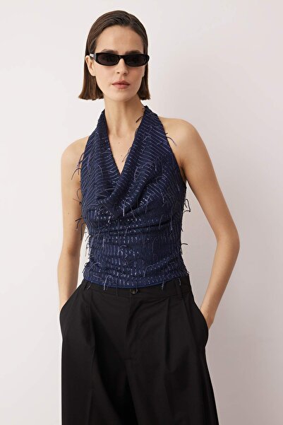 Trendyol Collection Navy Blue Degaje Collar Fringed Sequin Party New Year Blouse Tpraw26Bz00064