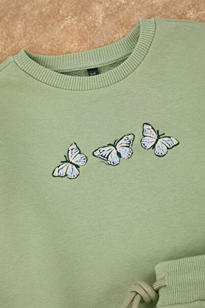 TRENDYOLKIDS Mint Printed Crew Neck Regular Girl's Knitted Bottom - Top Set Tkdaw26Au00045
