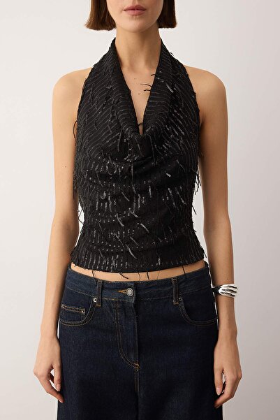 Trendyol Collection Black Degaje Collar Fringed Sequin Party Blouse Tpraw26Bz00064