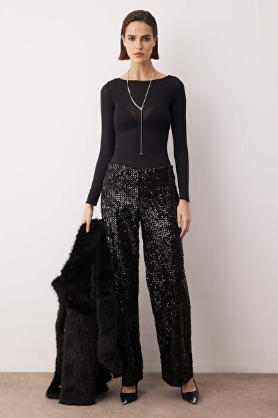 Trendyol Collection Black Wide Leg /Wide Leg Knitted Sequin Stylish/Evening Pants Tpraw26Pl00005