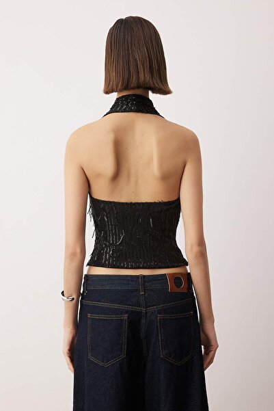 Trendyol Collection Black Degaje Collar Fringed Sequin Party Blouse Tpraw26Bz00064