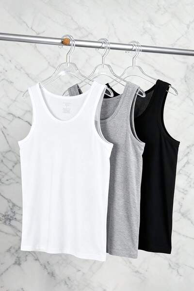 Trendyol Collection Grau - Schwarz-Weiß U-Ausschnitt aus gekämmter Baumwolle, 3-teiliges Unterwäsche-Unterhemd aus Baumwolle TMNSS25AL00005